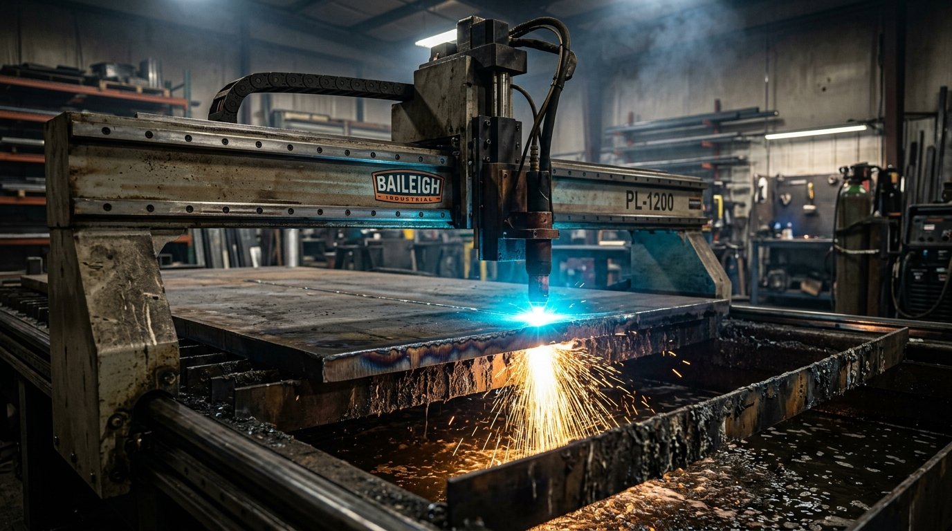 Antorcha de corte plasma CNC cortando placa de acero en mesa de agua de 4x10 pies