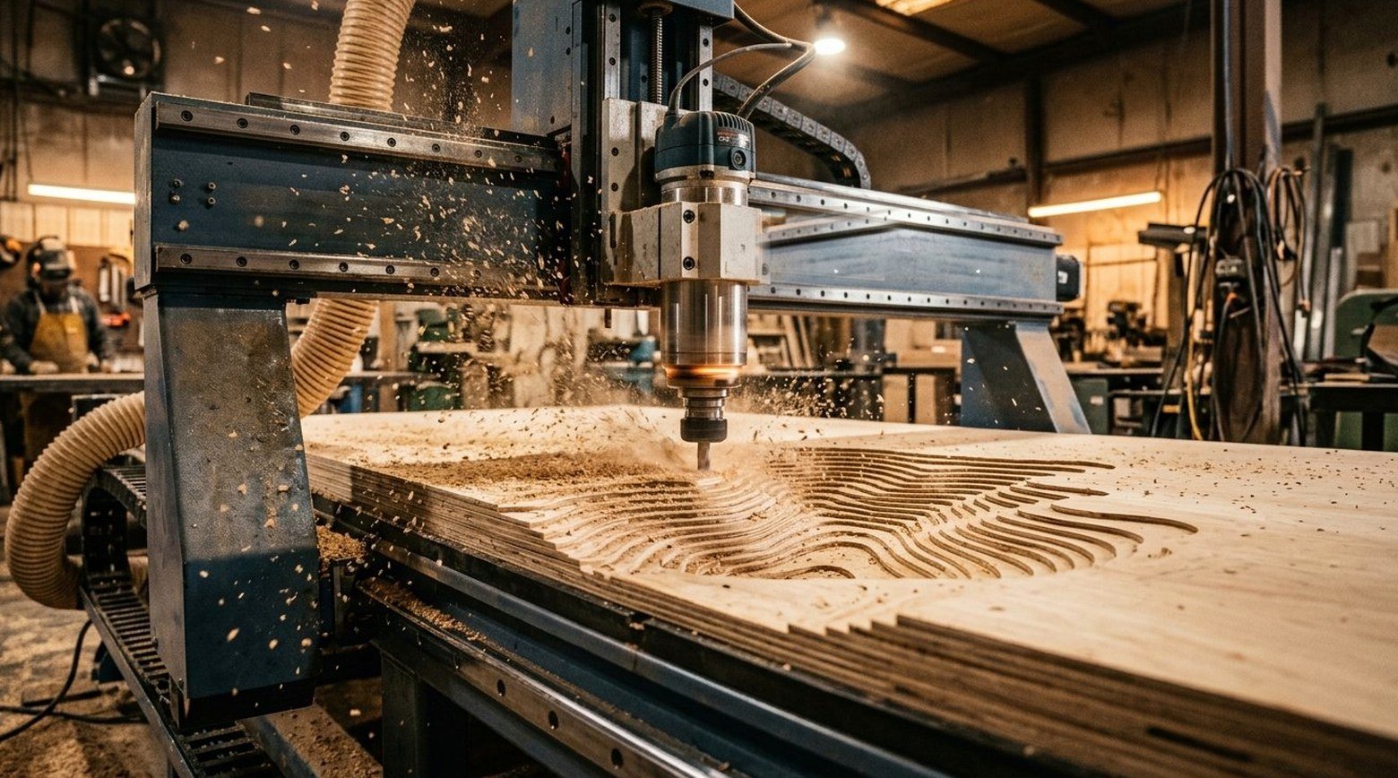 Router CNC de 3 HP maquinando una hoja de madera