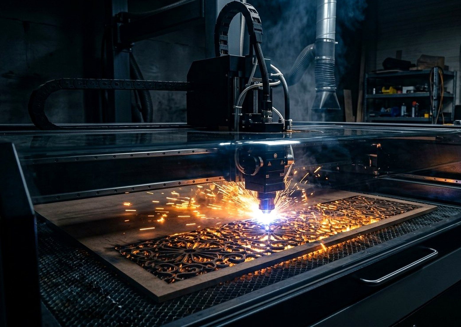Cabezal de corte láser CO₂ cortando una pieza calada en MDF