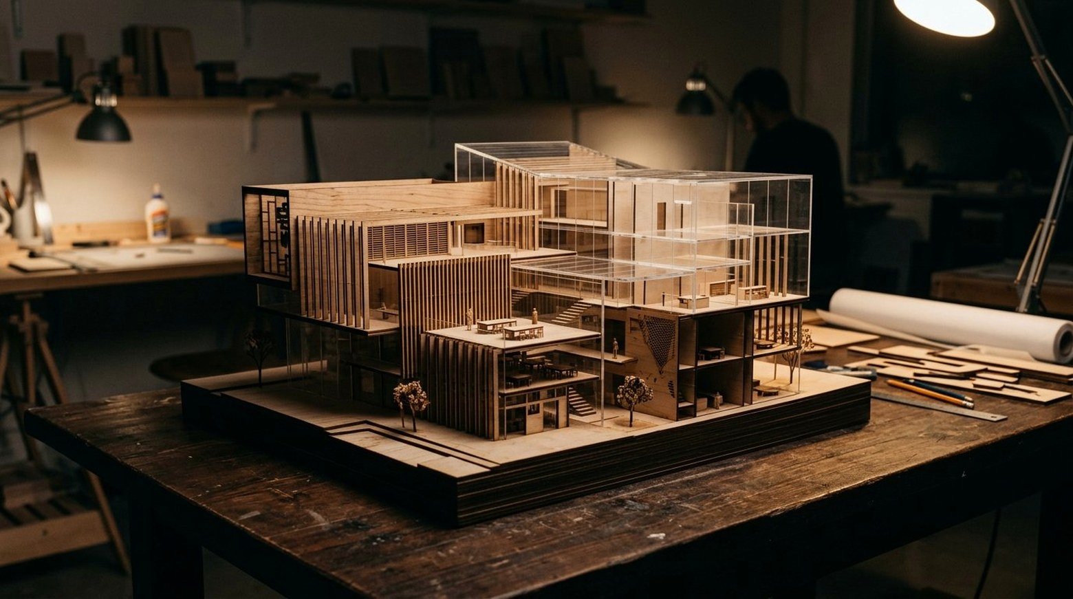 Maqueta de arquitectura en MDF y acrílico, cortada pieza por pieza